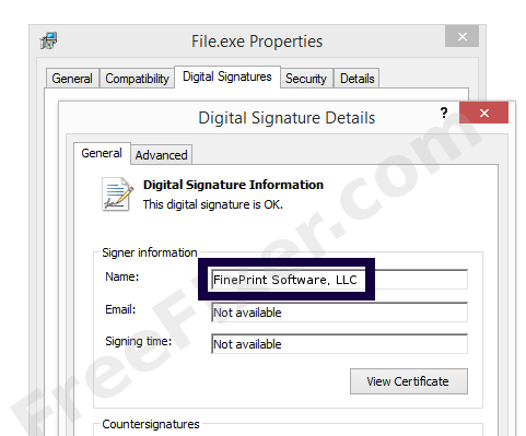 Screenshot of the FinePrint Software, LLC certificate